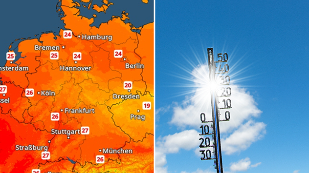 Geteiltes Bild: Links eine Wetterkarte von Deutschland mit Temperaturen zwischen etwa 20 und 27 Grad, wobei es im Südwesten am wärmsten ist. Rechts ein Thermometer vor blauem Himmel und Sonnenschein.