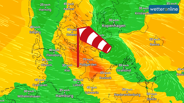 WindRadar-Vorhersage für Montagabend.