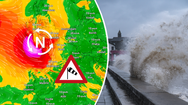 Rozdelená grafika s veternou mapou západnej Európy a hlbokou tlakovou nížou pri Britských ostrovoch naľavo a fotografiou vysokých vĺn narážajúcich na pobrežie napravo, doplnená výstražným symbolom silného vetra.