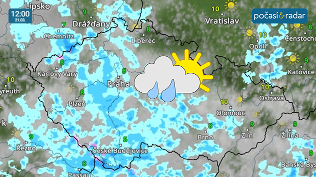 Meteoradar, screenshot, 21. 3. 12:00: Sobota do Česka přinese počasí s velkou oblačností a poměrně četnými přeháňkami.