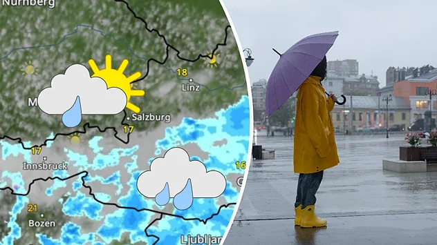 Splitbild. Links eine Wetterkarte mit Wolken, Niederschlag und Temperaturen. Rechts eine Person mit Regenkleidung und Schirm.