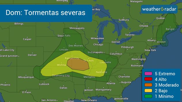 Más de 18 millones de personas (áreas en amarillo y naranja) están en riesgo de tener tormentas severas el domingo por la tarde y noche. 