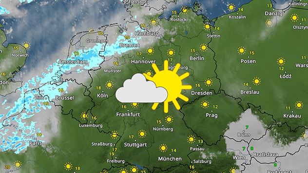 WetterRadar-Karte vom 13. November zeigt in großen Teilen Deutschlands sonniges Wetter mit Temperaturen zwischen 15 °C und 19 °C. Im Westen nähert sich ein Regenband, während im Osten freundliches Hochdruckwetter dominiert – hervorgehoben durch ein großes Sonne-Wolke-Symbol.