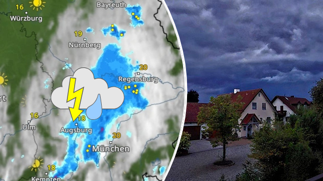 WetterRadar und Foto von dunklen Wolken über Bayern