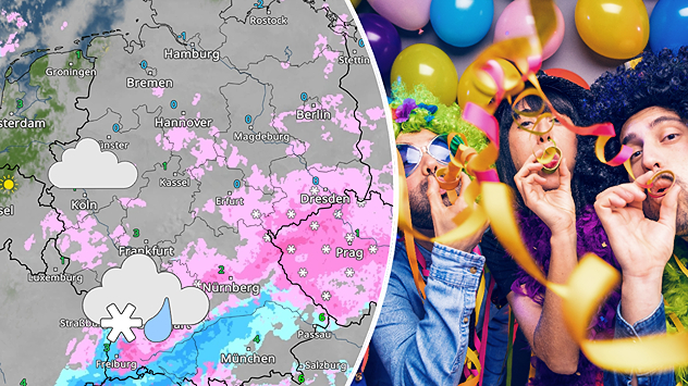 Wetterkarte mit Schnee- und Regenzonen neben feiernden Menschen mit Luftschlangen. Kontrast zwischen Winterwetter und Karneval.