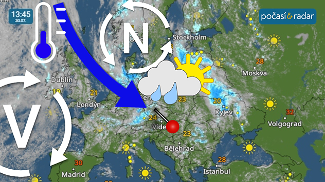 Screenshot Meteoradar Evropa, středa 30. 7. 13:45: Do Česka proudí chladný a vlhký vzduch od severozápadu, a to v prostoru mezi tlakovou níží nad severní Evropou a rozsáhlou tlakovou výší nad Azorskými ostrovy.