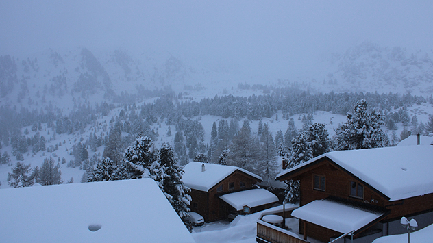 Das Webcambild zeigt Chalets mit Schneebedeckten Dächern.