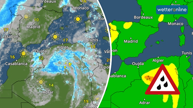 Weather radar showing clouds and showers over Algeria and Morocco. Next to it, a warning map with the rain area in Algeria marked. Surrounding regions mostly sunny and dry.