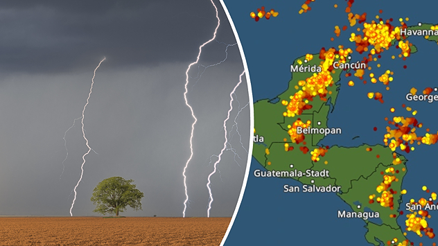 A sinistra: fulmini dietro un albero A destra: radar dei fulmini