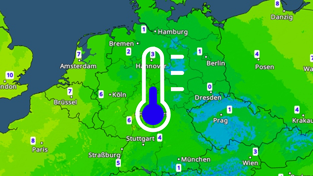 Temperaturkarte für Deutschland mit einstelligen Werten und Thermometersymbol über der Mitte. Die meisten Regionen liegen im kühlen Bereich. Freitag früh wird es kalt.