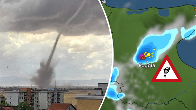 On the left, a tornado near a town; on the right, the weather radar for Italy