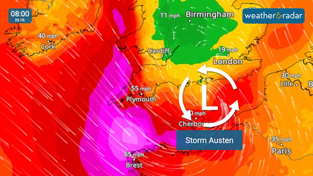 Wind map at 08:00 on 23.10 showing Storm Austen near the English Channel, with winds of 65 mph near Brest and 55 mph near Plymouth.