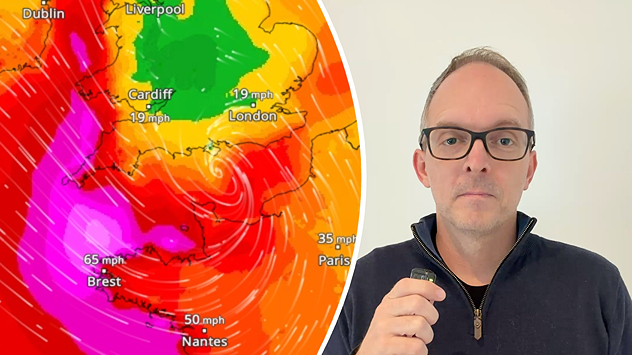 Split image showing a wind map with 65 mph near Brest and a swirling storm south of England, beside a man wearing glasses and holding a microphone.