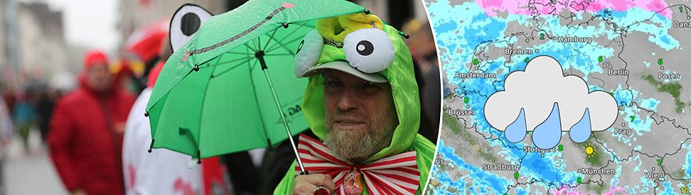 Geteilte Grafik: links ein Mann im Froschkostüm mit grünem Regenschirm im Regen, rechts eine WetterRadar-Karte mit Regengebieten. (c) dpa | Oliver Berg