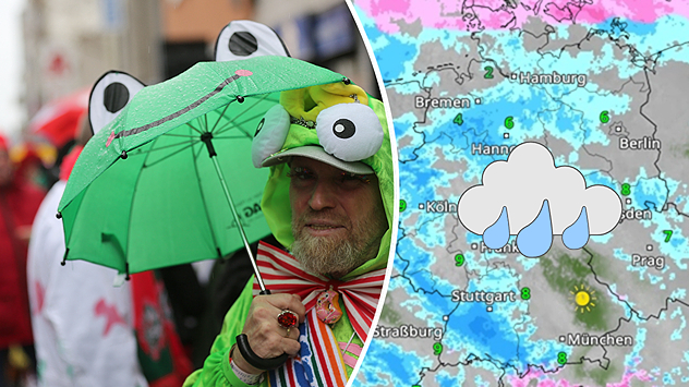 Geteilte Grafik: links ein Mann im Froschkostüm mit grünem Regenschirm im Regen, rechts eine WetterRadar-Karte mit Regengebieten.