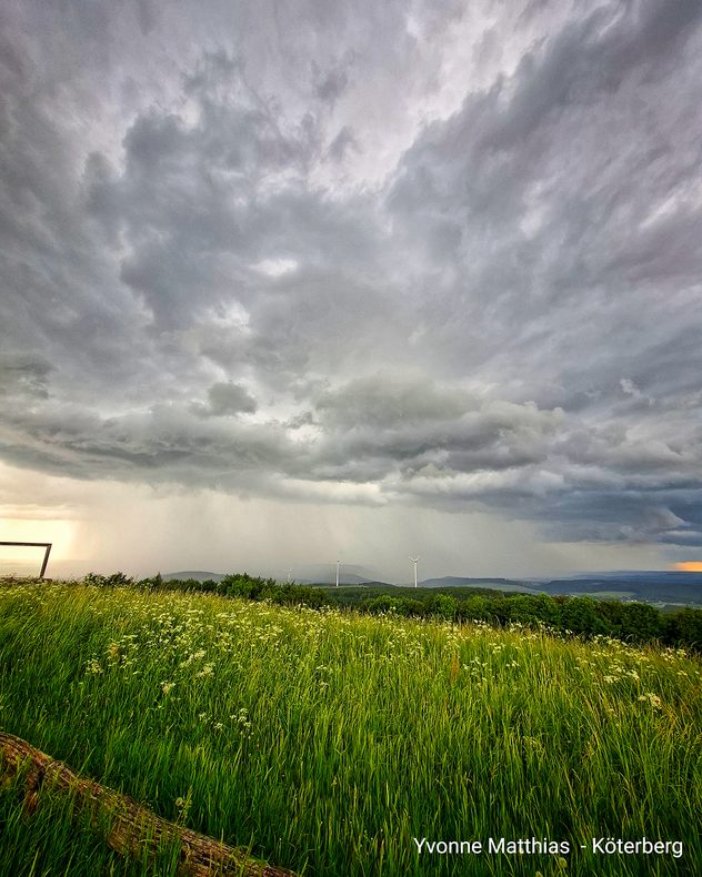Gewitterhimmel über einer grünen Hügellandschaft. Am Horizont fallen Regenschleier aus einer dunklen Wolkenfront.