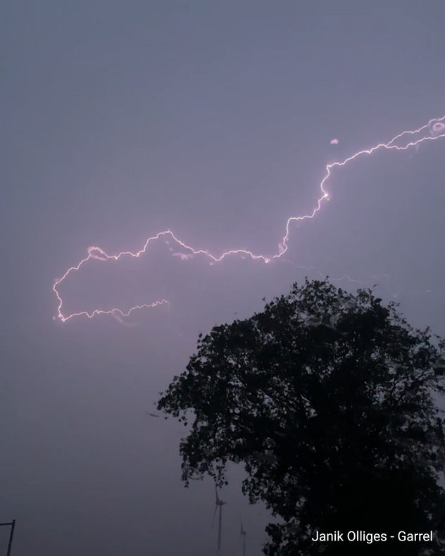 Heller, verzweigter Blitz am grauen Gewitterhimmel. Im Vordergrund stehen ein großer Baum und Windräder in der Dämmerung.
