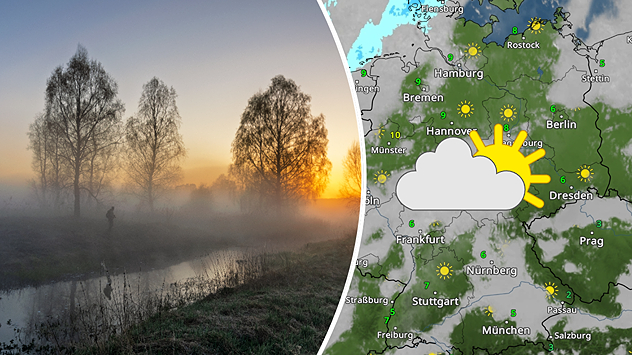 Links: Morgennebel liegt über einem Bachlauf mit kahlen Bäumen, die Sonne geht langsam auf – ruhige, frostige Stimmung. Rechts: WetterRadar-Karte vom 18. Dezember zeigt viele Wolken in der Mitte, Nebel im Süden und Sonne im Osten – symbolisiert durch Wolken-, Nebel- und Sonnensymbole.
