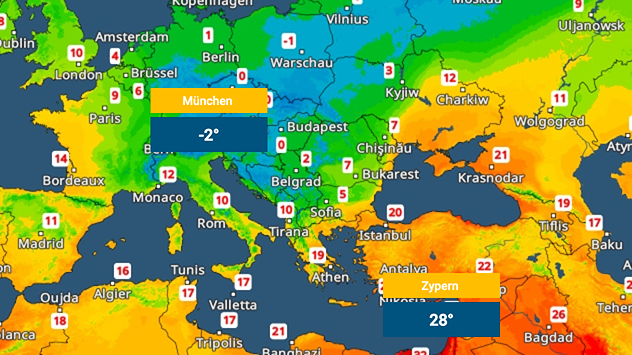Карта на Европа с минусови температури в Мюнхен и 28 °C на Кипър.