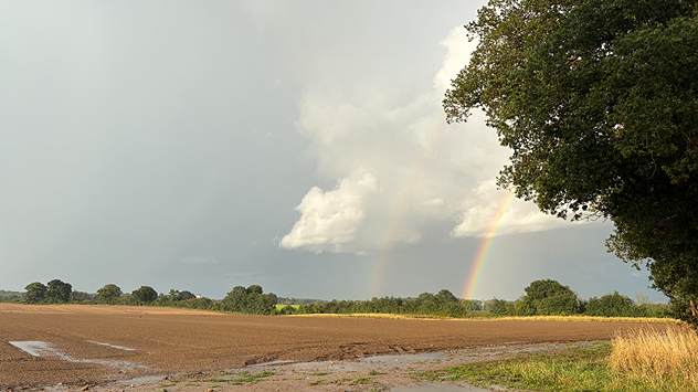 Double rainbow pictured at the ground of an open field with dark clouds above.