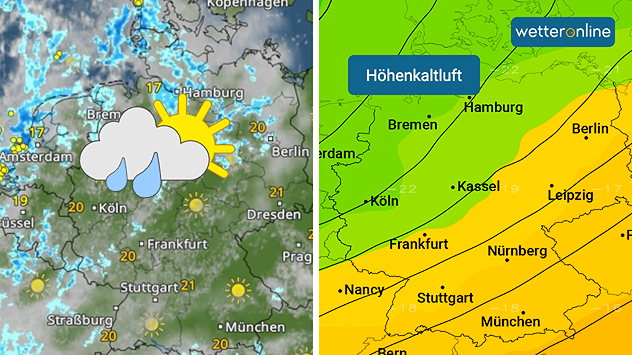 Links eine WetterRadar mit Sonne, Wolken und Regen über Nordwestdeutschland. Rechts eine Temperaturkarte mit eingeflossener Höhenkaltluft von der Nordsee her.