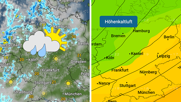 Links eine WetterRadar mit Sonne, Wolken und Regen über Nordwestdeutschland. Rechts eine Temperaturkarte mit eingeflossener Höhenkaltluft von der Nordsee her.