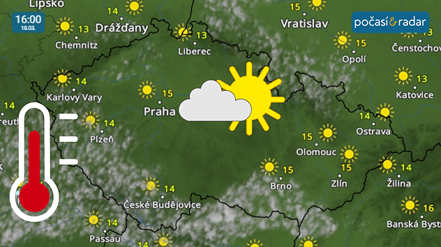 Meteoradar, screenshot, 18. 3. 16:00: Středa do Česka přinese slunné a přes den i relativně teplé počasí.