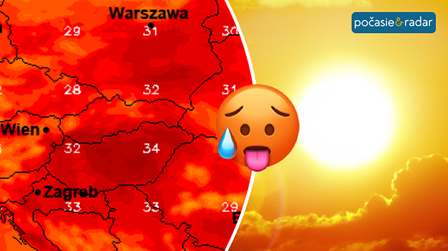 Mapa strednej Európy s veľmi vysokými teplotami okolo 30 až 34 °C, doplnená symbolom horúčavy a slnkom