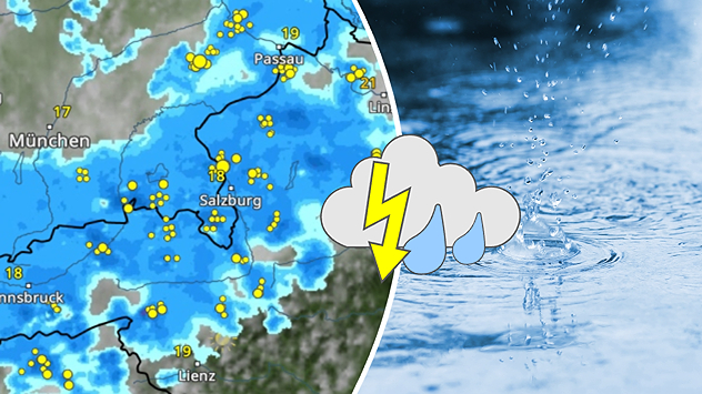 Splitbild. Links Wetterkarte - rechts Regen in Pfütze.