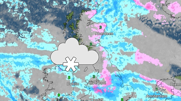 Weather radar map showing blue rain bands and pink snow areas across the UK, with a large snow icon over Ireland and western Britain and city labels including Aberdeen, Dublin, and Liverpool.
