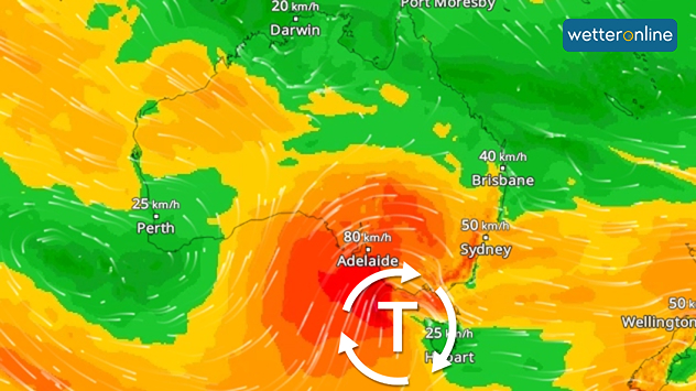 WindRadar mit farblich markierten Windfeldern über Australien, Tiefdruckzentrum bei Adelaide mit bis zu 80 km/h.