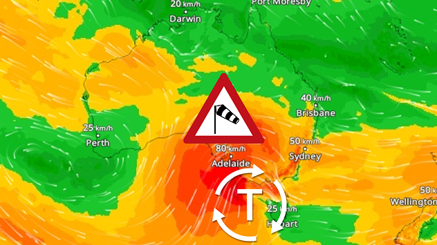 WindRadar mit Sturmtief über Südaustralien, farbige Windfelder und Warnsymbol bei Adelaide.