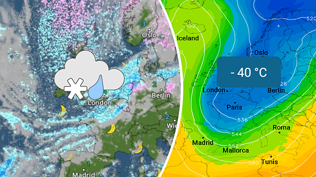 Weather radar for Europe showing numerous showers and weather map showing cold air at high altitude