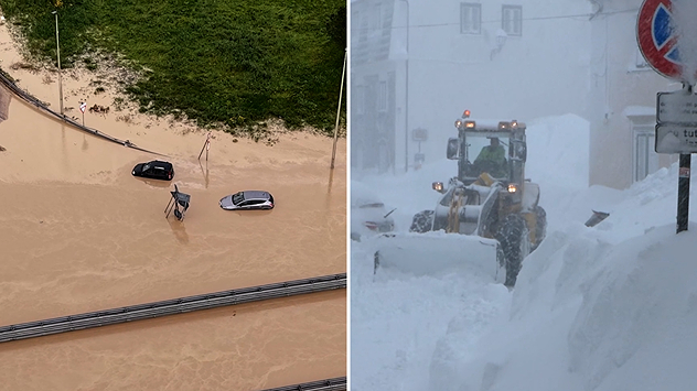 On the left, a picture of a flooded street; on the right, snow clearance in a village.