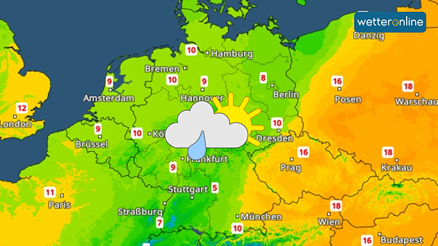 Wetterkarte von Mitteleuropa mit Temperaturangaben. Über Deutschland liegen die Werte meist zwischen 8 und 10 Grad, im Südwesten teils nur 5 Grad. Ein Symbol aus Wolke und Sonne über der Mitte Deutschlands steht für wechselhaftes Wetter mit Auflockerungen.