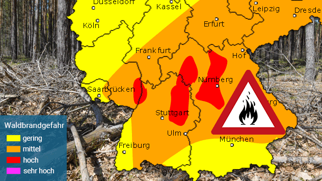 Die Grafik zeigt die Waldbrandgefahr in Süddeutschland