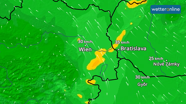 Windkarte mit Böen bis 35 km/h in Ostösterreich in gelb markierten Bereichen. Grün zeigt schwächere Windzonen der Region.
