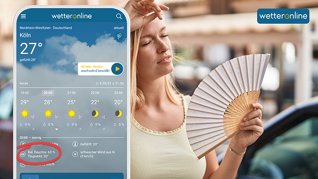 Smartphone mit Wetteranzeige der wetteronline App neben schwitzender Frau mit Fächer in der Hand