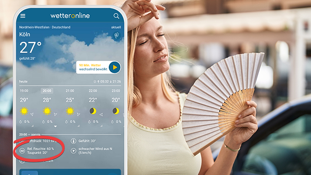 Smartphone mit Wetteranzeige der wetteronline App neben schwitzender Frau mit Fächer in der Hand