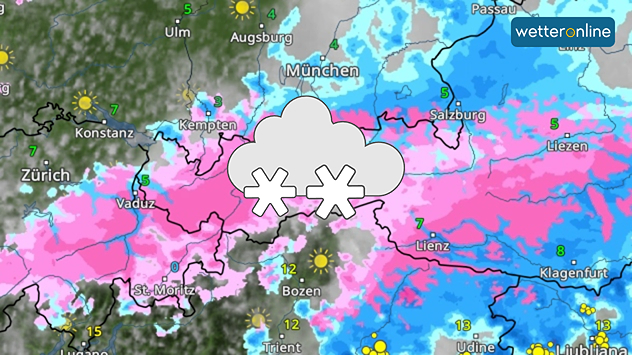 Schneefall in den Alpen im WetterRadar