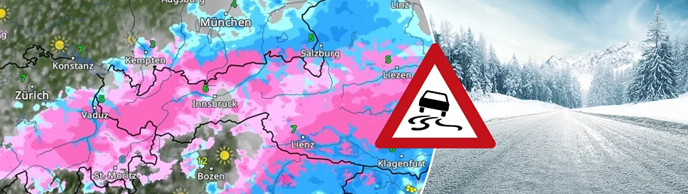 Links das WetterRadar für die Alpen, rechts eine schneebedeckte Straße. Ein Warnsymbol warnt vor Schneeglätte.