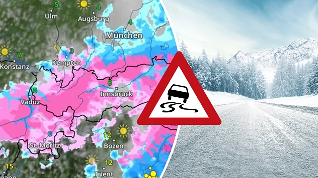 Links das WetterRadar für die Alpen, rechts eine schneebedeckte Straße. Ein Warnsymbol warnt vor Schneeglätte.