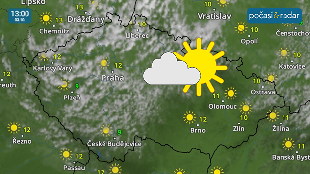 Meteoradar, screenshot, 3. 10. 13:00: V pátek v Česku panuje slunečné, ale chladné počasí s denními teplotami většinou mezi 9 a 14 °C