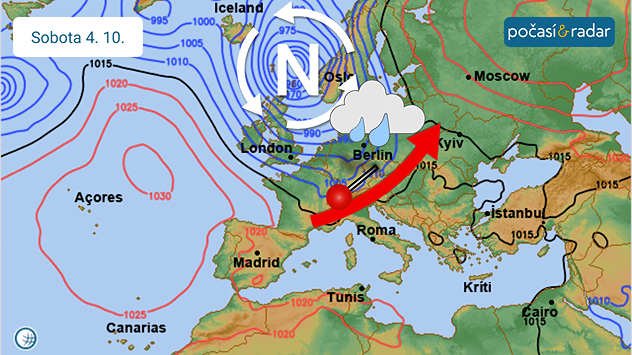 Předpověď synoptické situace nad Evropou na sobotu 4. 10. O víkendu bude počasí v Česku ovlivňovat tlaková níže, jejíž střed se bude pohybovat severně od našeho území.