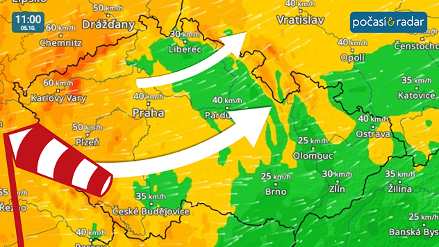 Větrný radar, screenshot, 5. 10. 11:00: O víkendu u nás výrazně zesílí západní až jihozápadní vítr, a to přechodně až na čerstvý s nárazy o rychlostech do 70 km/h.