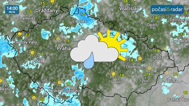 Meteoradar, screenshot, 5. 10. 14:00: V neděli u nás nadále bude panovat poměrně větrné počasí s proměnlivou oblačností, přeháňkami a nejvyššími denními teplotami do 15 °C.