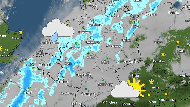 WetterRadar-Karte mit Regenstreifen über West- und Norddeutschland sowie einem Wolken-Regensymbol und einem Wolken-Sonne-Symbol im Alpenraum.
