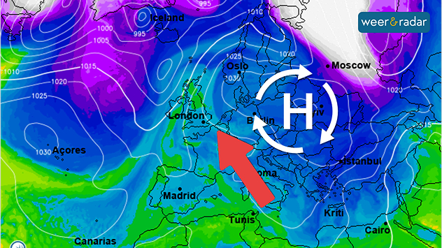 De weerkaart voor eind van de week toont een omvangrijk hogedrukgebied boven Oost-Europa. Bij ons voert een zuidoostenwind zachte en droge lucht aan.