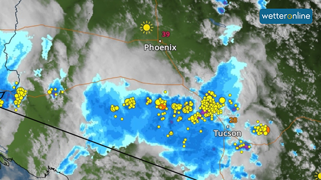 Radar meteorológico con fuertes tormentas y rayos en Arizona.