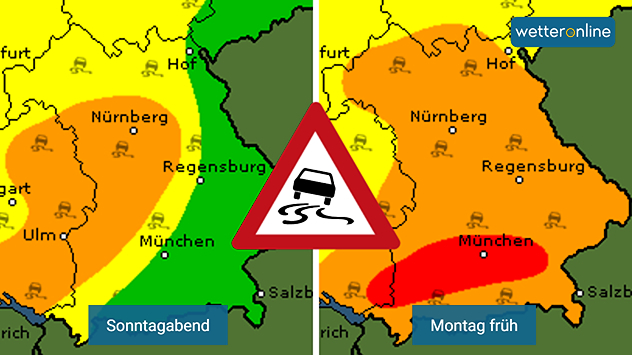 Die orangene Zone in der Warnkarte steht für ein erhöhtes, die rote für ein hohes Risiko von Glatteisregen.